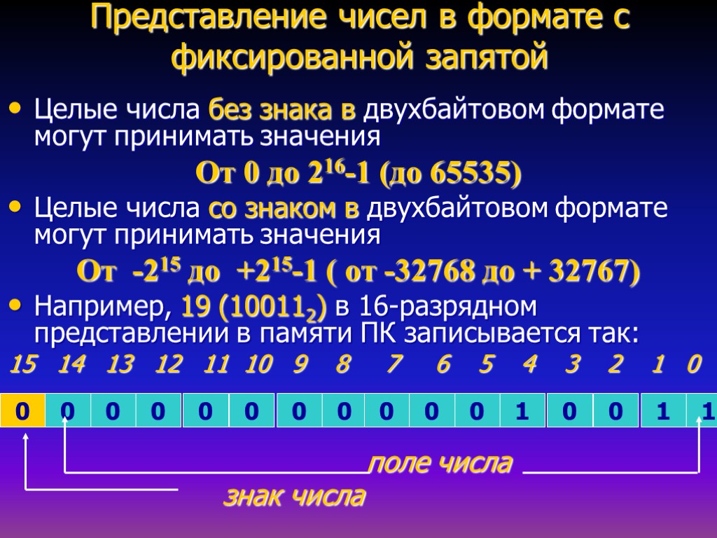 Представление чисел в формате с фиксированной запятой Целые числа без знака в двухбайтовом формате